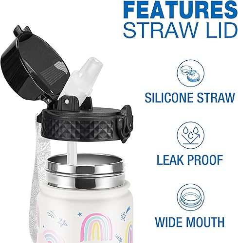 Miniatura 3 de GOPPUS Botella de agua aislada para niños, 14 onzas, sin BPA, botella de viaje de acero inoxidable 188 con popote y doble pared a prueba de fugas al