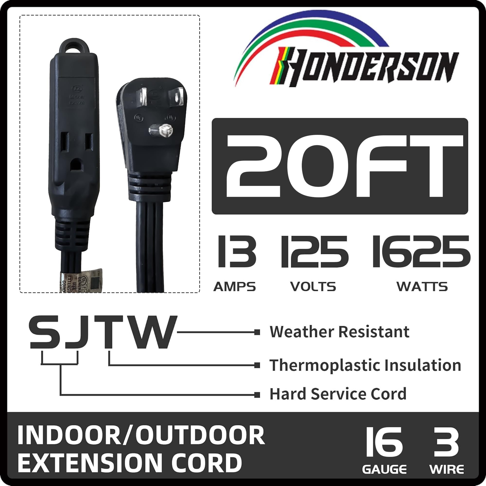 HONDERONS 20 FT 3 Outlets Black Extension Cord with Flat Plug,16/3 SPT-3 Extension Cable 3 Prong Grounded,Durable Power Cable for Home,Office