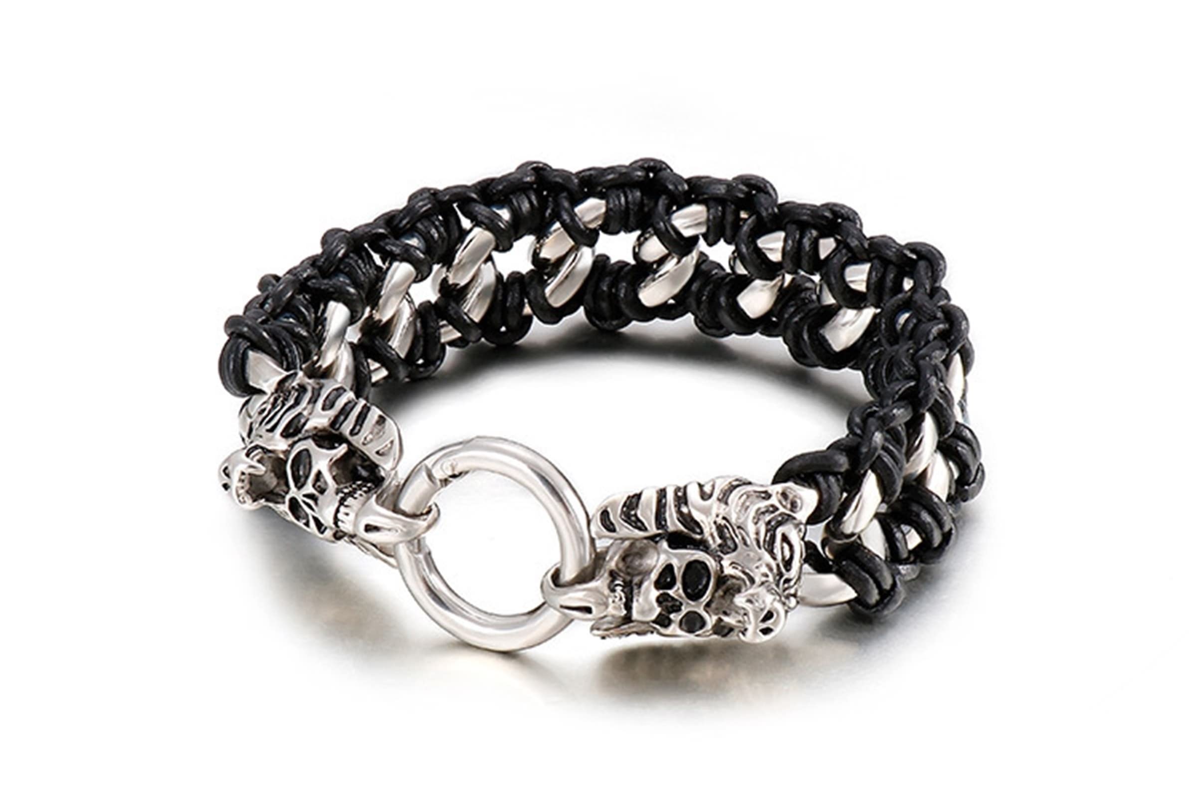 KnSam Bracelet en Cuir Chaîne Tressé 23cm, Bracelet avec Tigre et Tête de Mort Acier Inoxydable Punk Fantaisie