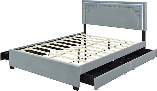 Miniatura 82 de Base de cama flotante tamaño Queen con luces LED y carga USB, marco de cama LED de plataforma tapizada moderna, no necesita somier (blanco-1)