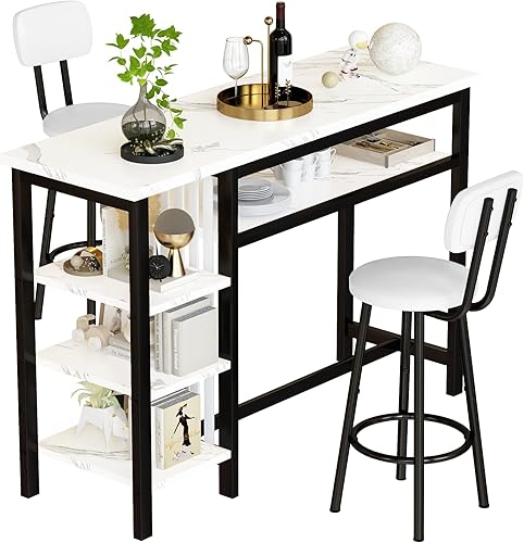 Miniatura 2 de AWQM Juego de mesa de bar y sillas de 3 piezas, mesa moderna de mármol sintético blanco con 2 taburetes de barra con cojines de poliuretano,