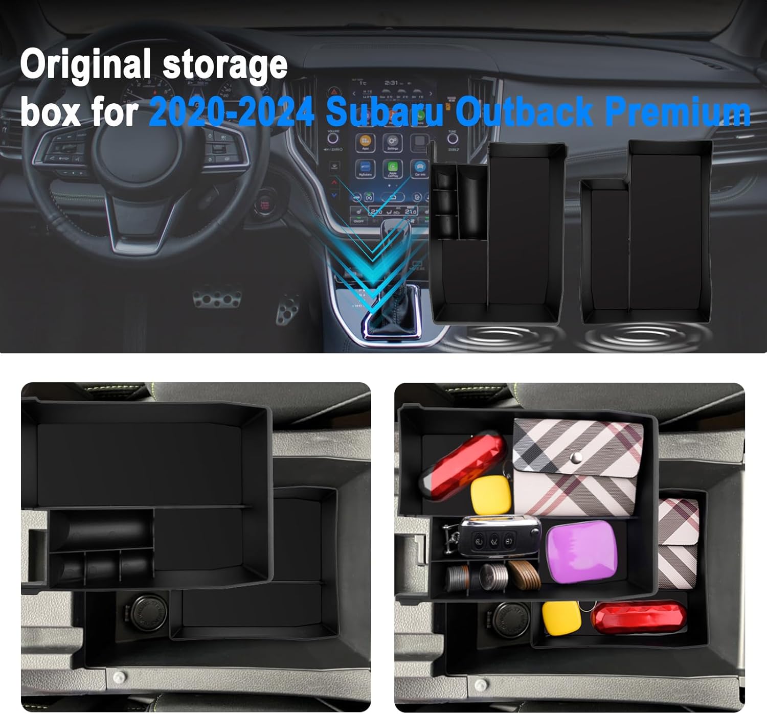 SHAOHAO 2PCS 2025 Outback Center Console Organizer for 2020 2021 2022 2023 2024 2025 Subaru Outback Legacy Accessories Console Tray Outback Legacy 2024 2025 Storage Box Insert Tray