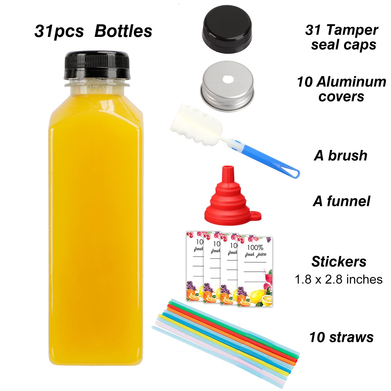 Moretoes 31pcs 16oz Empty Plastic Juice Bottles with Caps, Bulk Clear Beverage Containers for Juicing Drinking Milkshake Tea and Other Beverages