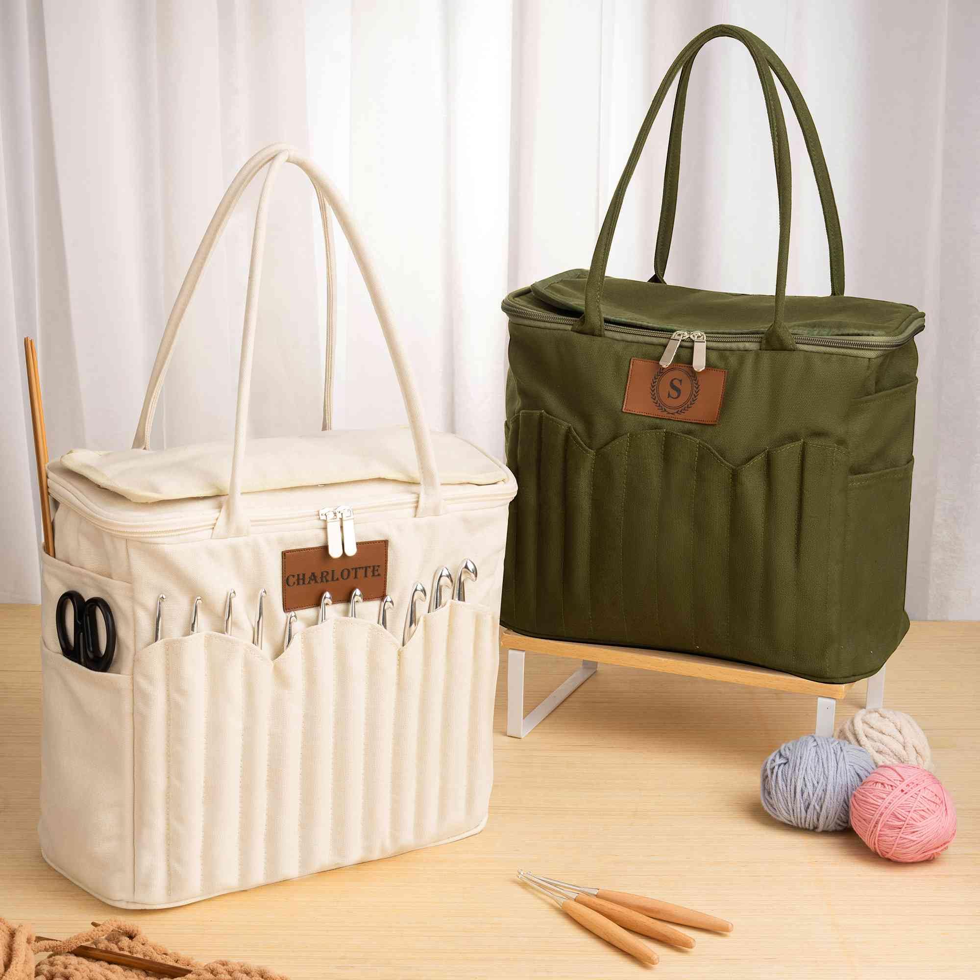 Bolsa de almacenamiento personalizada para tejer para mujer, bolsa de hilo de lona grande, organizador de ganchillo, bolsa de viaje portátil con bolsillos para agujas, estuche de ganchillo, regalo de