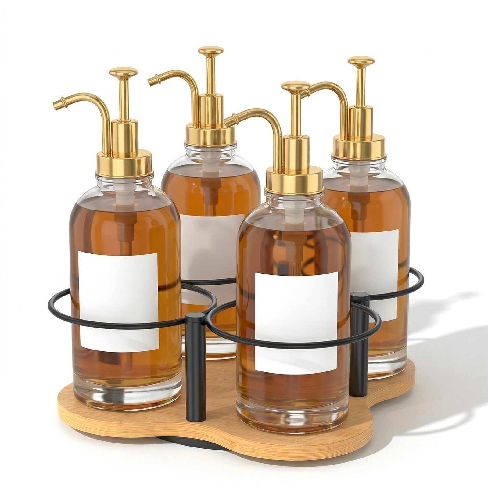 BUTORY Rotating Coffee Syrup Organizer Wood and Metal 16.9oz Syrup Bottle Holder for Countertop Coffee Bar Accessories with 4 Separate Slot