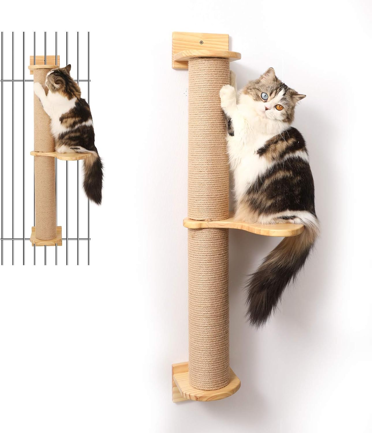 FUKUMARU Cat Activity Tree with Scratching Posts, Wall Mounted Jute Scratcher Pine Hammock