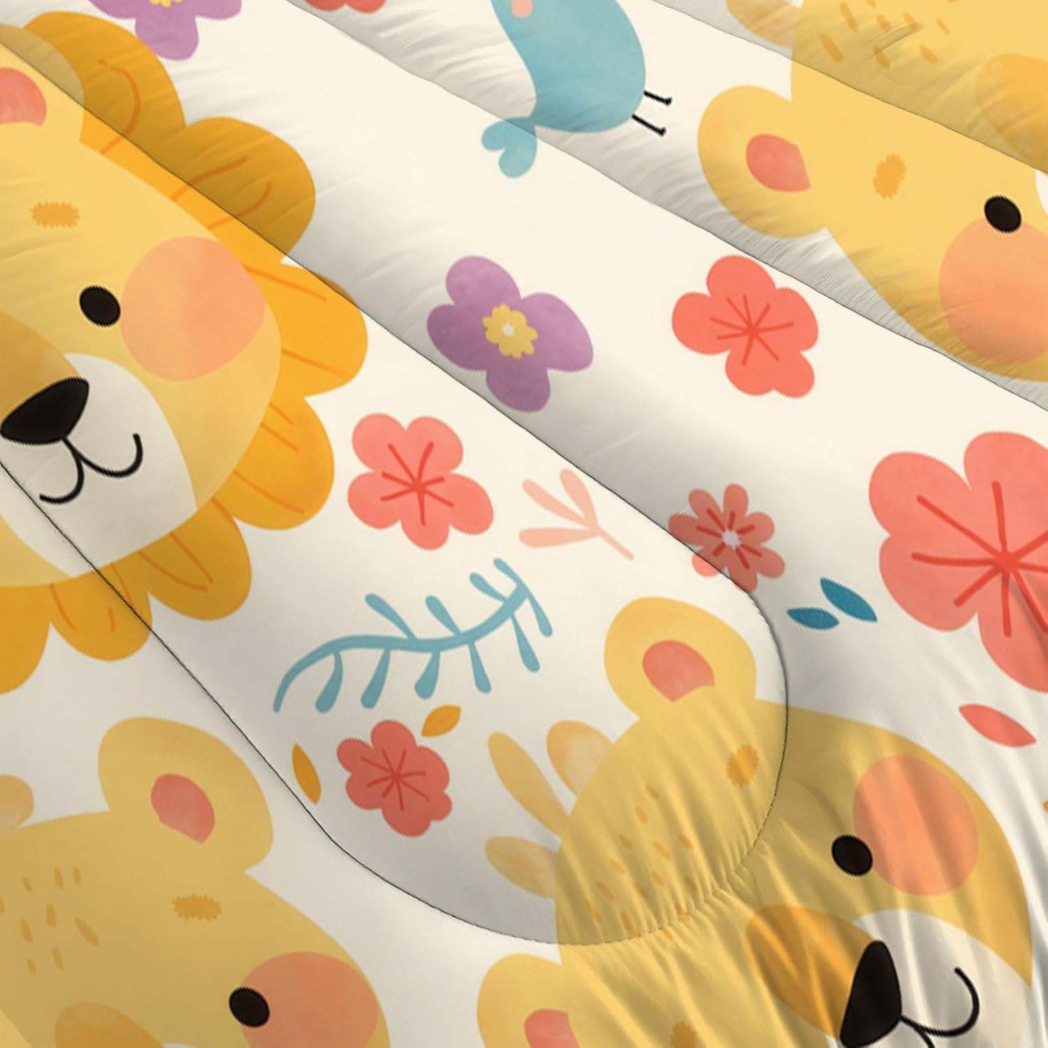 Cartoon Animals Comforter Set King Size, Cute Lion Wildflower Bedding Set for Girls Boys, Yellow Quilt Bed 104"X90" Bedding Comforter Sets with 2 Pillowcase Room Decor