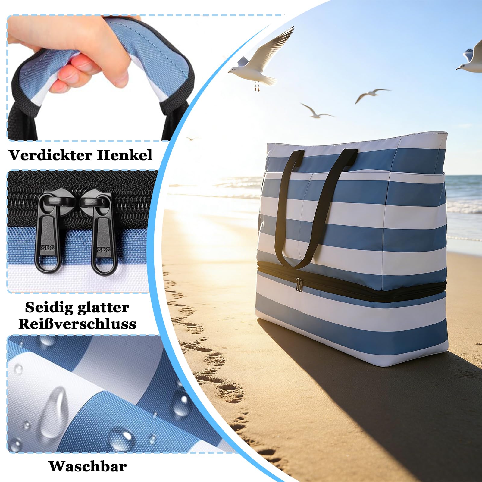 Strandtasche XXL Familie mit Kühltasche, 50 x 29 x 49cm, Große Badetasche Strandtasche, Badetasche mit Nassfach, Faltbare Wasserdicht Beach Bag, für Reisen, Fitness