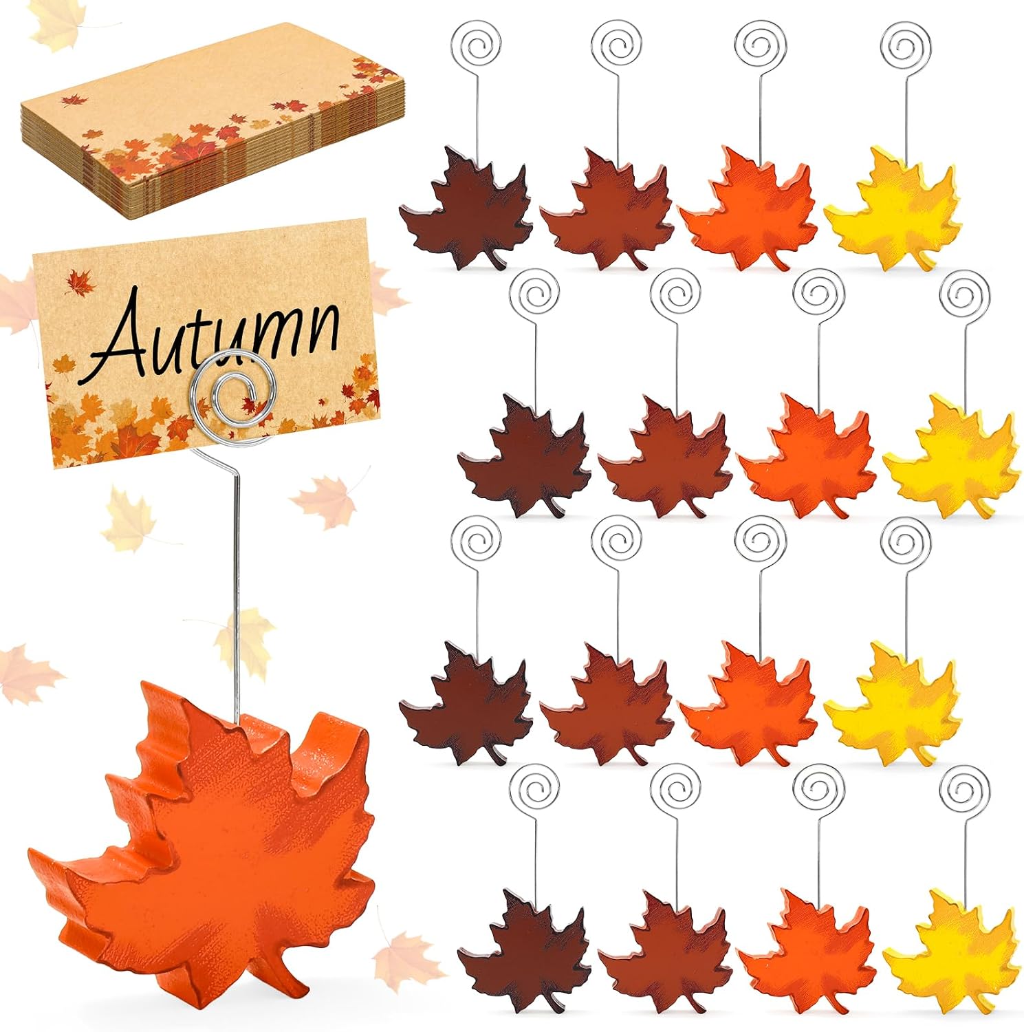FYSUIMU Fall 16 Pcs Wooden Place Card Holders with Name Cards 4 Colors Maple Leaves Table Number Holder Display Stand for Thanksgiving Autumn Party Table Setting Supplies,3 x 3 Inch