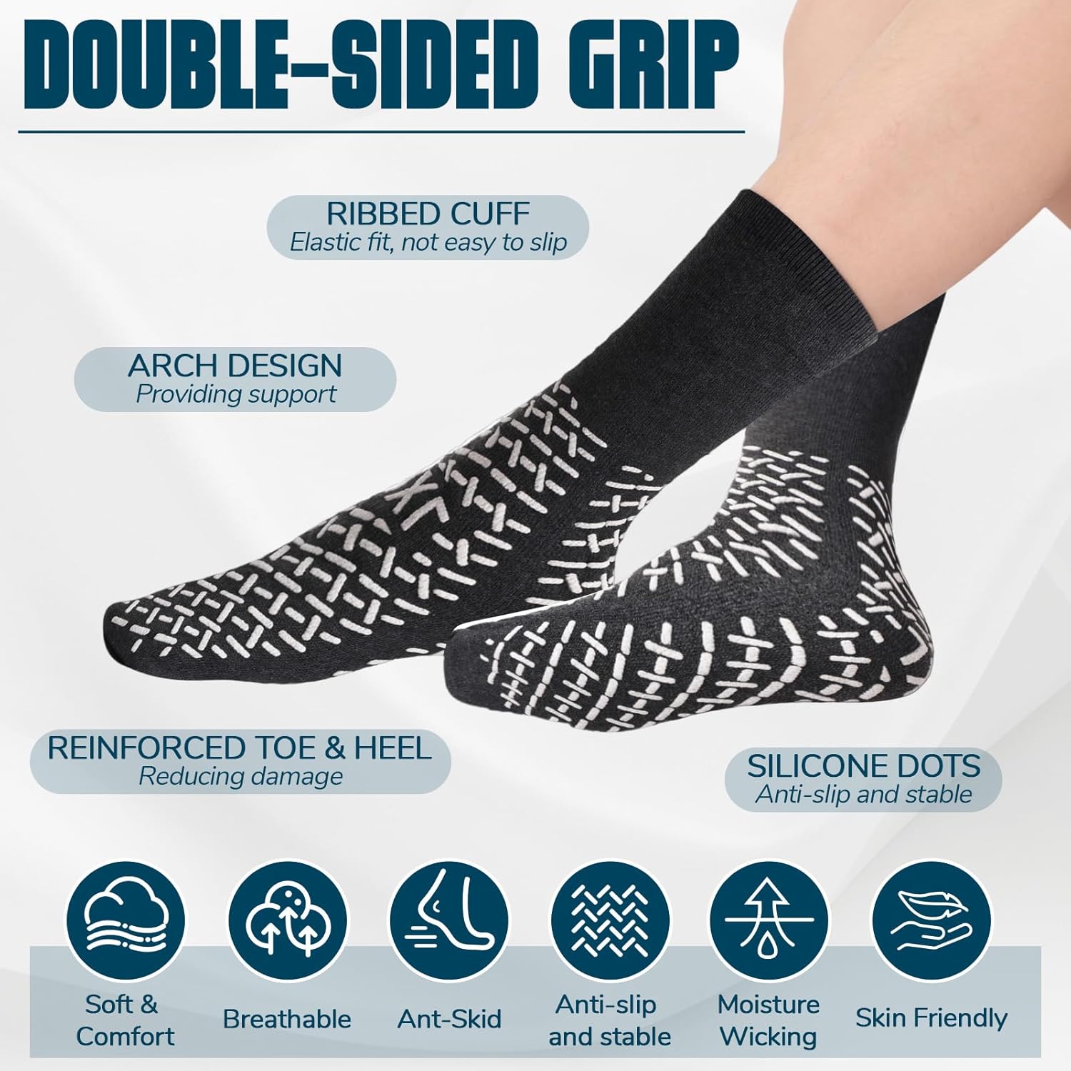 8 Pair Extra Width Hospital Sock for Men with Grip, Winter Non Slip Warm for Diabetic Patient Elderly Nurse