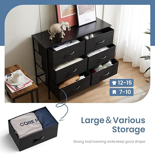 Vista 159 de DUMOS Cómoda para dormitorio, 4 cajones, organizador de cofres altos de tela, muebles de torre con marco de metal superior de madera para sala