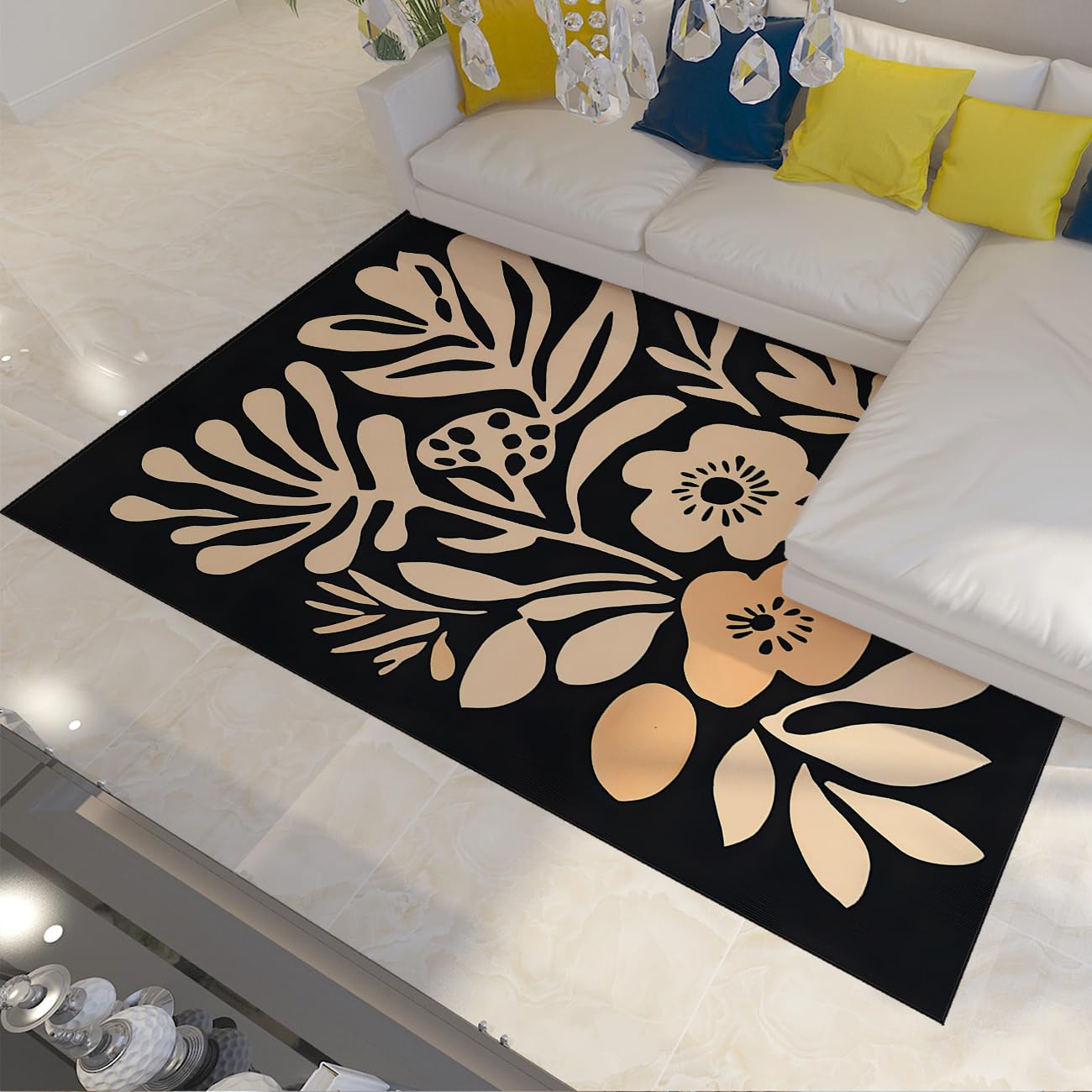 Boho Black Area Teppiche für Wohnzimmer Schlafzimmer Waschbarer großer Esszimmerteppich Rutschfester Abstrakter geometrischer Blumenteppich für Bürospielzimmer 160x230cm