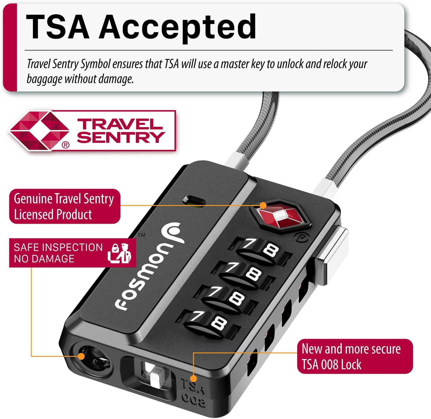 Fosmon TSA Approved Luggage Locks, 4 Digit Combination Cable Travel Lock for Suitcase & Backpack, Heavy Duty Metal Body Padlock with Open Alert Indicator (Black, 2 Pack)