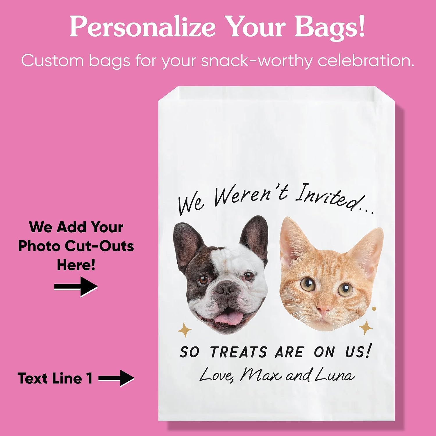 Big Dot of Happiness Custom Photo Pets Not Invited Paper Treat Bags, Personalized Pet Wedding Party Treats on Us Candy Snack Favors, Greaseproof White Sandwich Cookie Bags - 25 Count