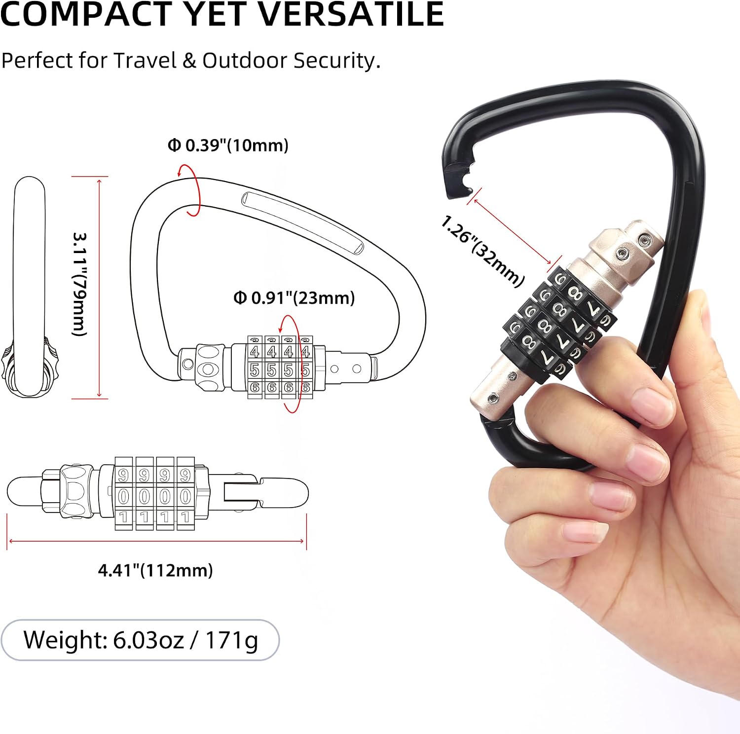 Locking Carabiner Heavy Duty, Large Carabiner Clip with Combination Lock, 4 inch 25KN Metal D Ring Carbiner, Oval Caribiner, Triangle Caribeaner, for Hammock, Climbing, Gym, Chain Lock