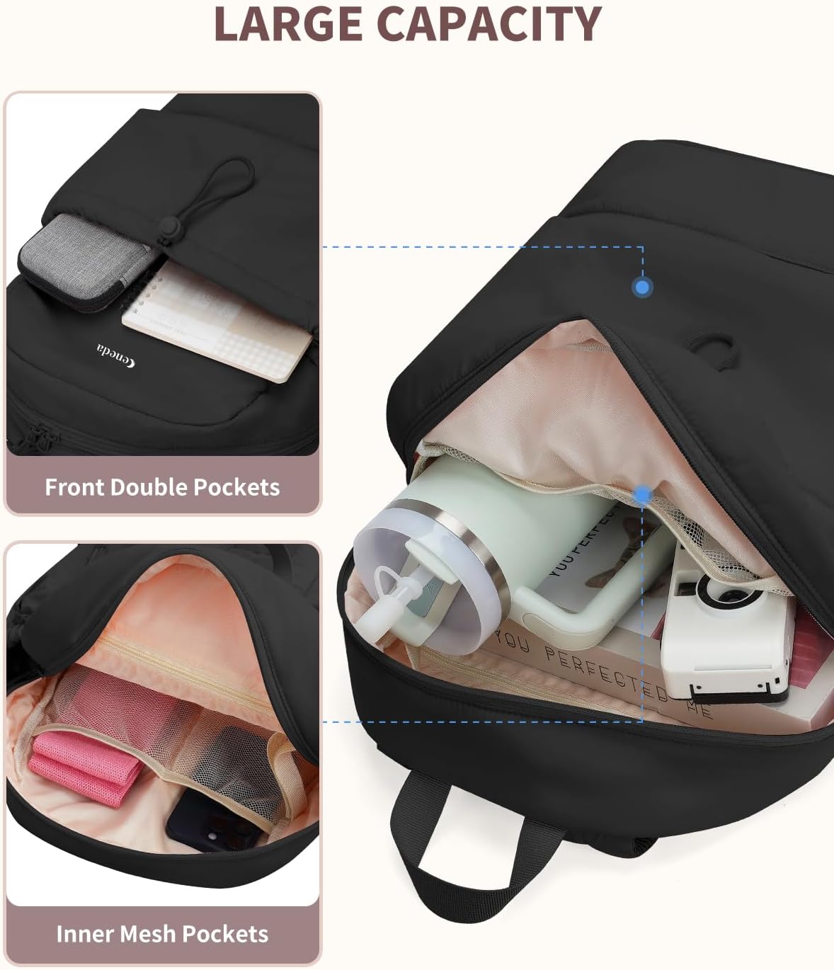 Ceneda Gym Backpack for Women, Lightweight Puffer Backpack with Shoe Compartment, Wet Pocket & Tumbler Strap, Cute Daypack for Fitness, Daily Use & Travel (Black) - Image 2