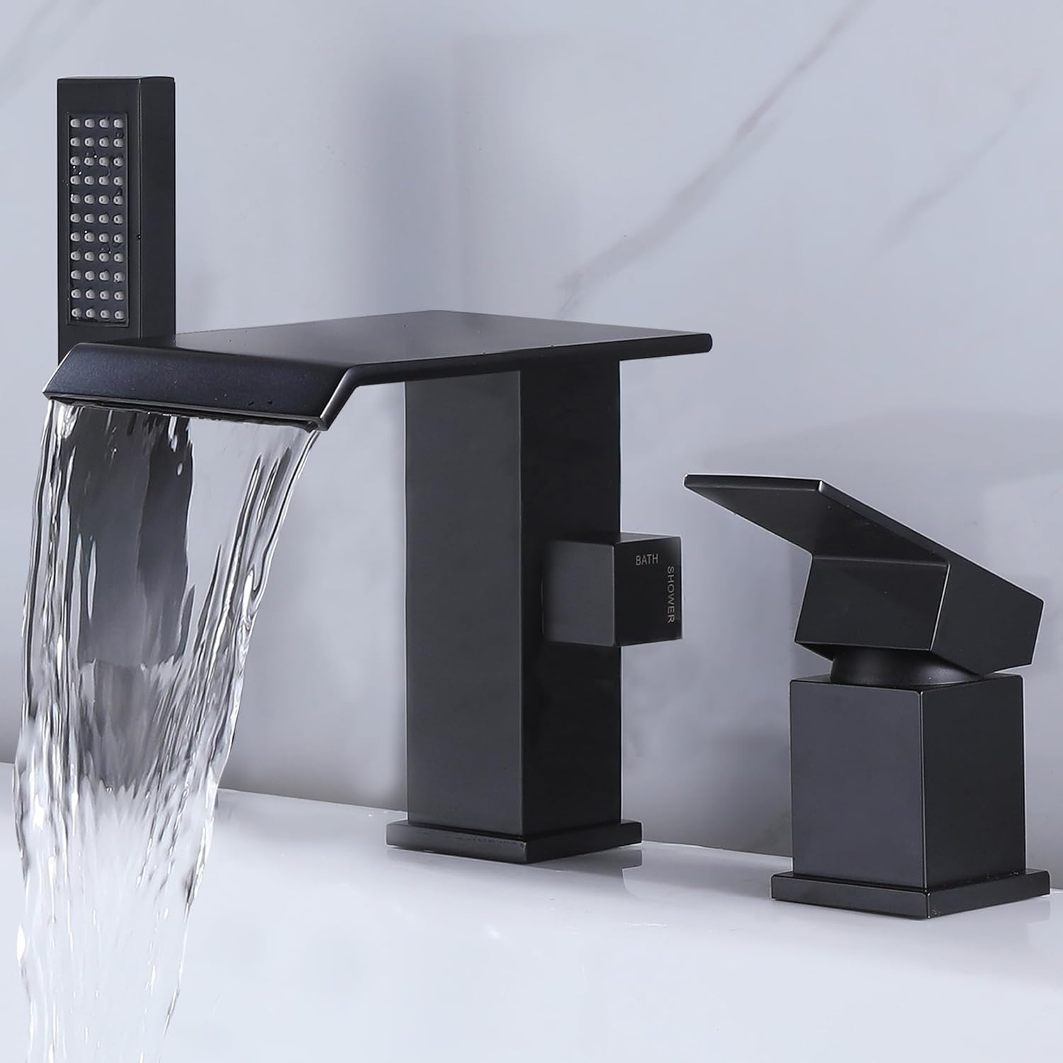 Waterfall Roman Tub Faucet with Hand Shower Matte Black Bathtub Faucet 3 Hole Widespread Tub Filler Deck Mount Solid Brass