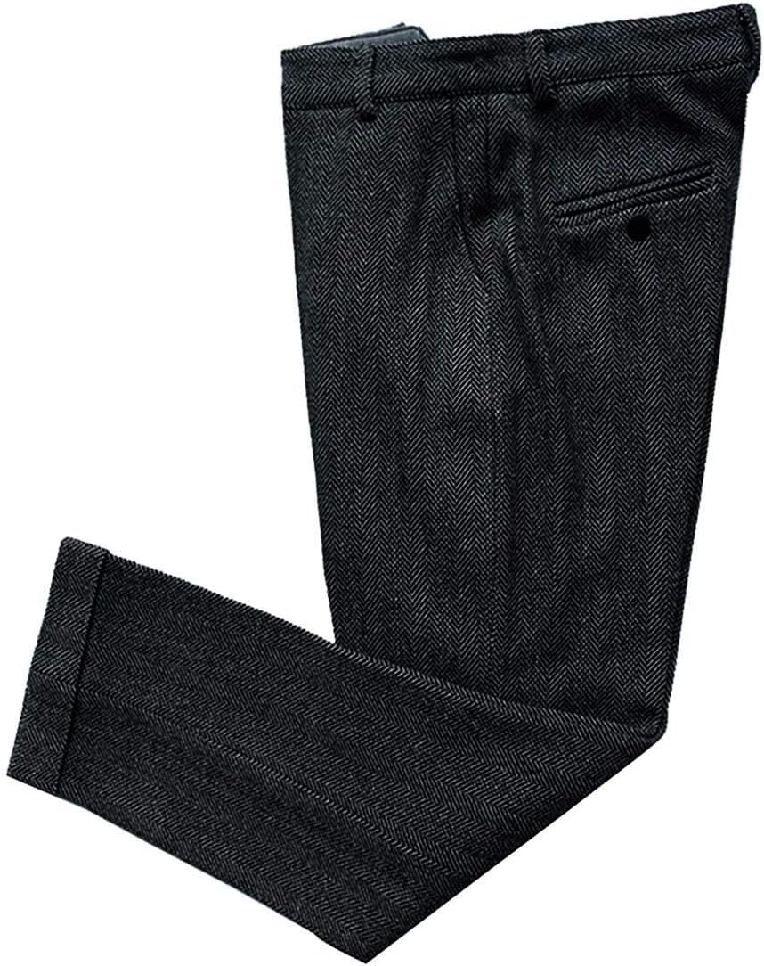 Mens Vintage Tweed Dress Pants Herringbone Pattern Trousers Regular Fit Business Suit Pants