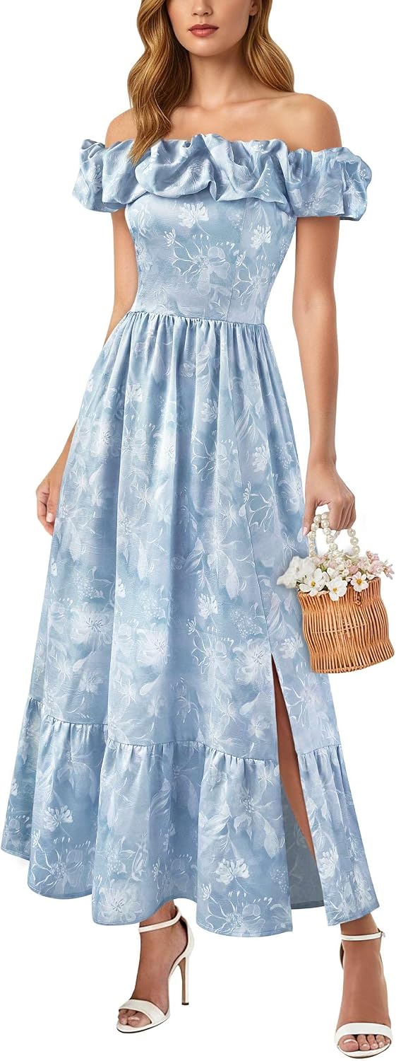 VFSHOW Womens Summer Off the Shoulder Wedding Guest Dress 2026 Ruffle Pocket Sleeveless Formal A Line Flowy Long Maxi Dresses