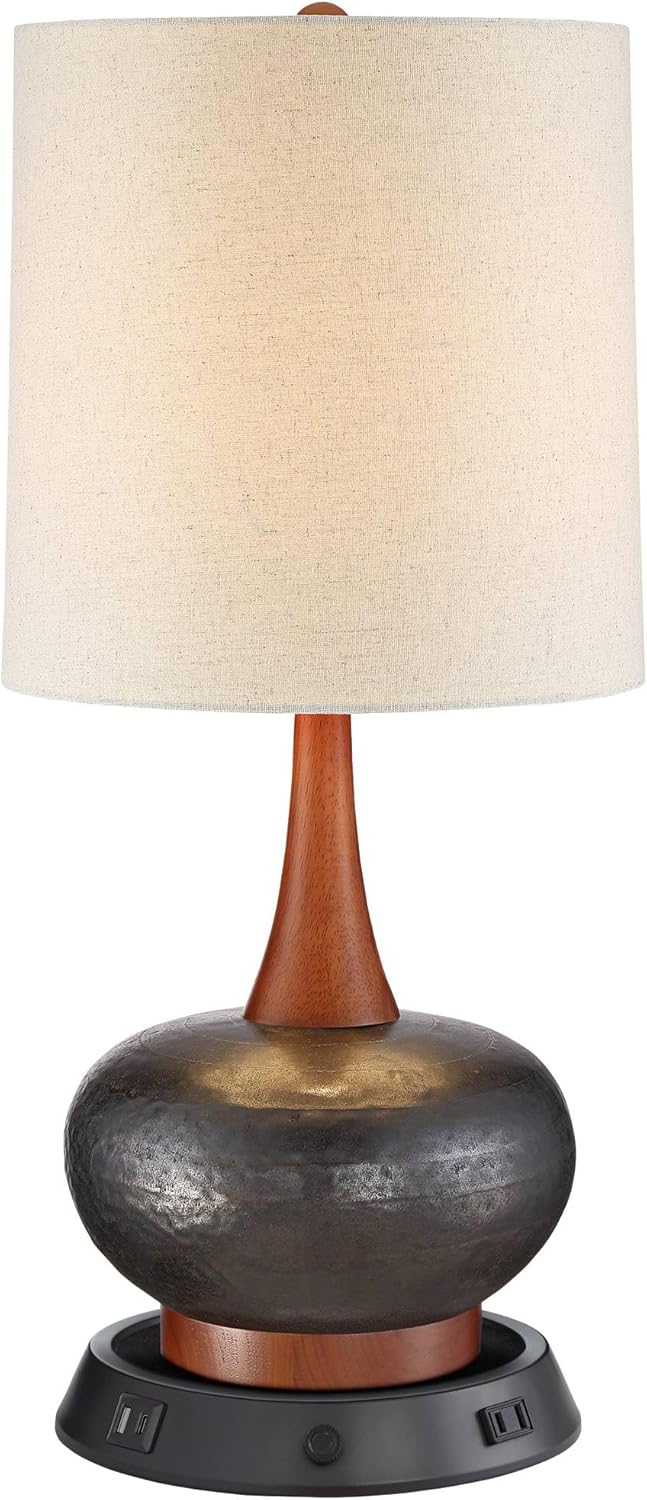 360 Lighting Andi Mid Century Modern Table Lamp with Dimmable USB and AC Power Outlet Workstation Charging Base 24.5" High Brown Ceramic Off White Shade for Living Room Desk Bedroom House