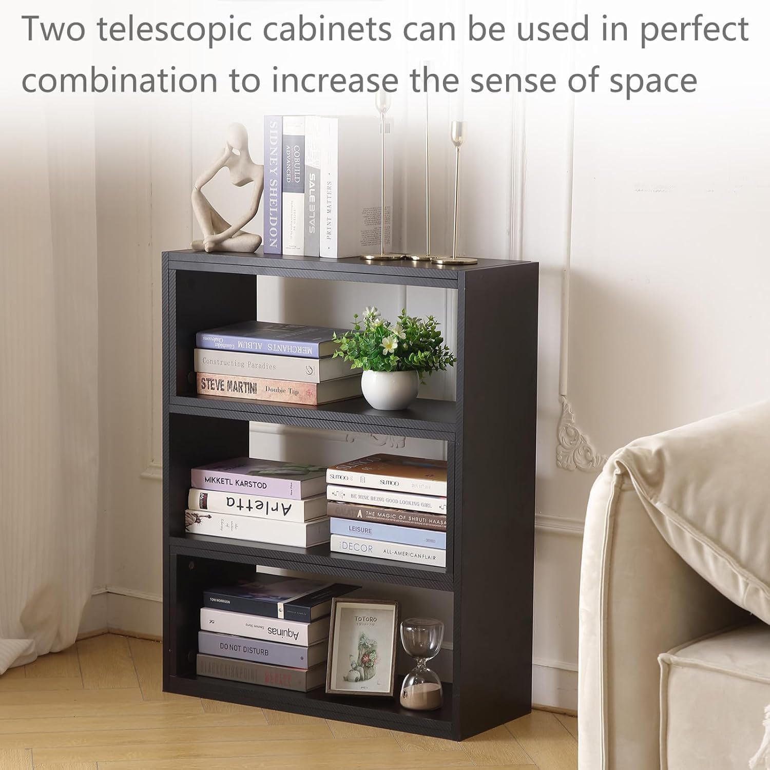 Book Shelf, 4 Tier Expandable Bookcase, Large Corner Bookshelves with 6 Storage Units, Can be Used in Small Spaces or Corners, Suitable for Home, School and Commercial use (Black)