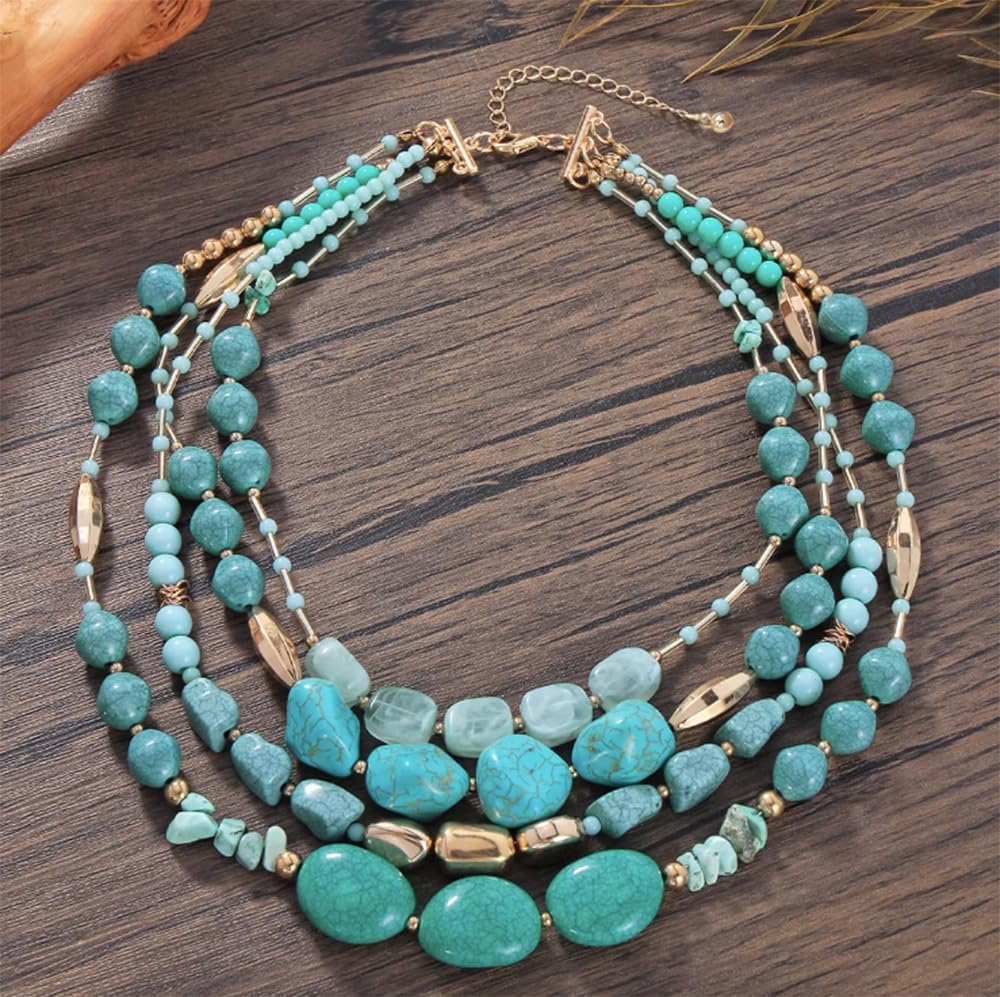 Secret for Longevity Four Strand Gold Tone Resin Turquoise Aqua Teal Blue Western Style Chunky Statement Necklace