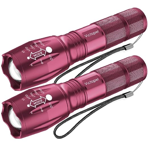 Victoper LED Flashlight 2 Pack Pink, Bright Tactical Torch High Lumens 5 Modes, Waterproof Zoomable Flash Light for Outdoor, Birthday Gifts for Men, Dorm Room Hiking Camping Essentials Gear for Guys