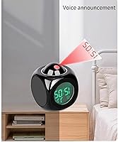 Vista 2 de Reloj despertador de proyección con voz parlante LED digital con pantalla de temperatura, proyector giratorio para función de repetición de techo