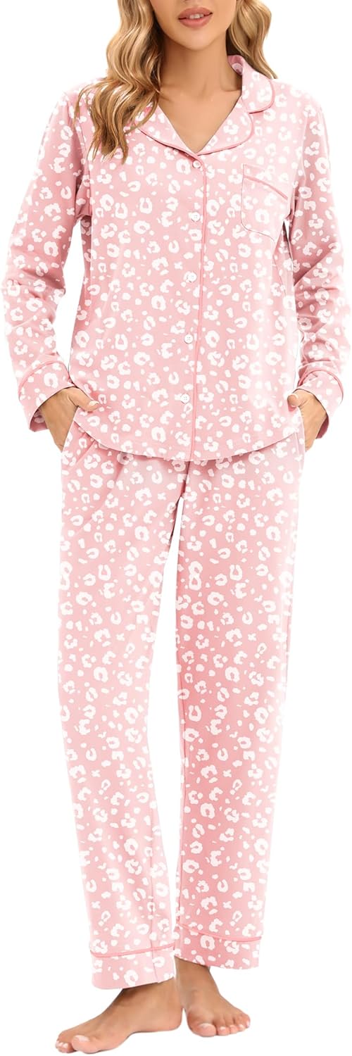 LUBOT 100% Cotton Pajamas for Women PJ Set Soft Button-Down 2 Piece Set Knitted Long Sleeve Sleepwear Loungewear XS-XXL