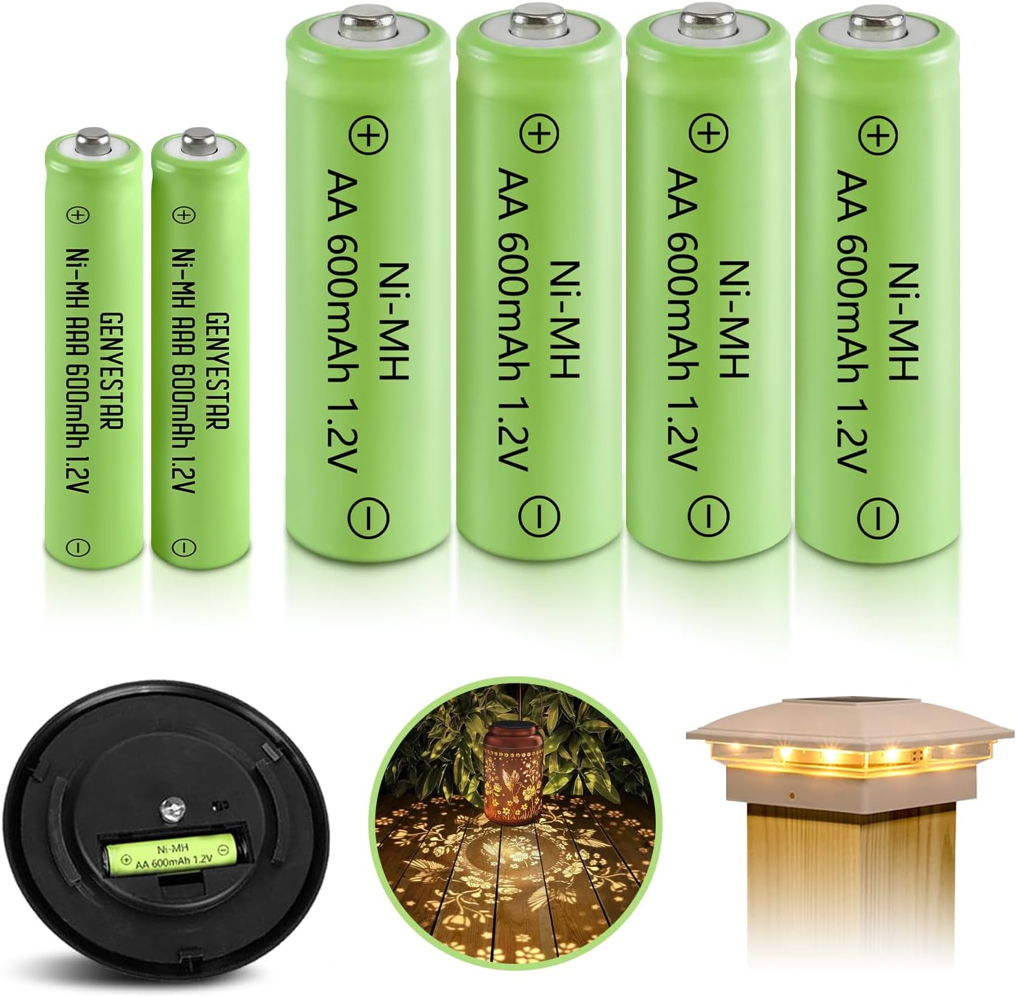 Rechargeable AA AAA Battery Combo,High Capacit 4PCS 600mAh AA and 2PCS AAA 600mAh NiMH 1.2V Solar Lights Replacement Batteries for Solar Lantern Light Lamp Toys, 6 Pack