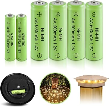 Rechargeable AA AAA Battery Combo,High Capacit 4PCS 600mAh AA and 2PCS AAA 600mAh NiMH 1.2V Solar Lights Replacement Batteries for Solar Lantern Light Lamp Toys, 6 Pack