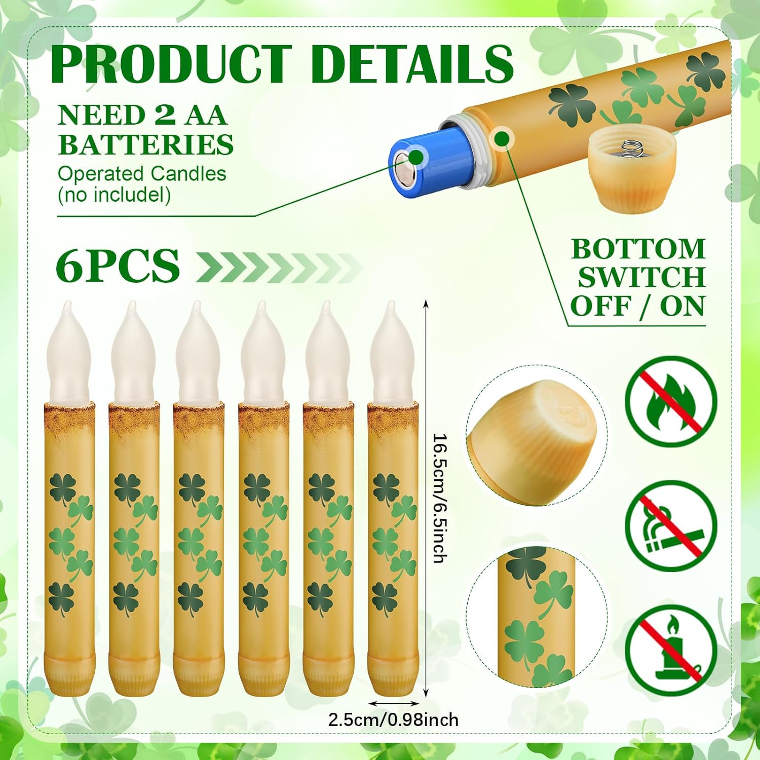 Baquler 6 Pcs St. Patrick's Day Flameless Candles Primitive 6.5 Inch Short Green Shamrock Taper Candles Battery Operated LED Candlesticks for Irish Party Saint Patricks Day Table Home Decorations