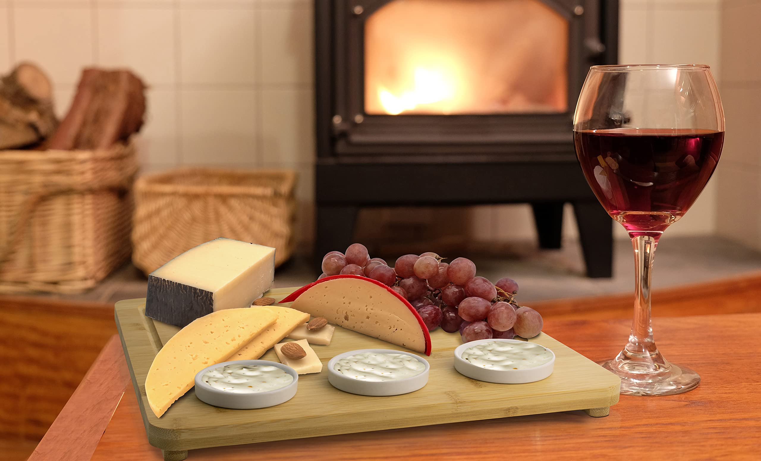 Eternal Living 13” Square Cheese Bamboo Board Set with Ceramic Cups for Charcuterie, Bamboo