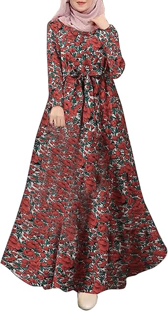 Kaftan Dresses for Women Floral Print Long Robe Ramadan Abaya Maxi Dress Long Sleeve Muslim Eid Outfits Turkish Prayer Clothes Arabic Pakistani Ethnic Dresses Islamic Robe Red Small
