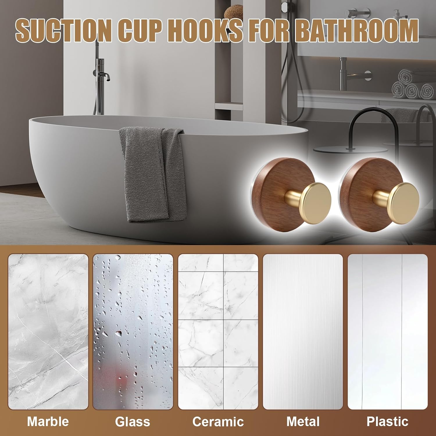 Suction Cup Hooks for Shower Heavy Duty 11 LB Strong, No-Drill Shower Hooks for Inside Shower, Waterproof Towel Hooks for Bathroom, Glass, Window, Mirror, Door, Loofah & Coat Holder (4, Brushed Gold) image 5