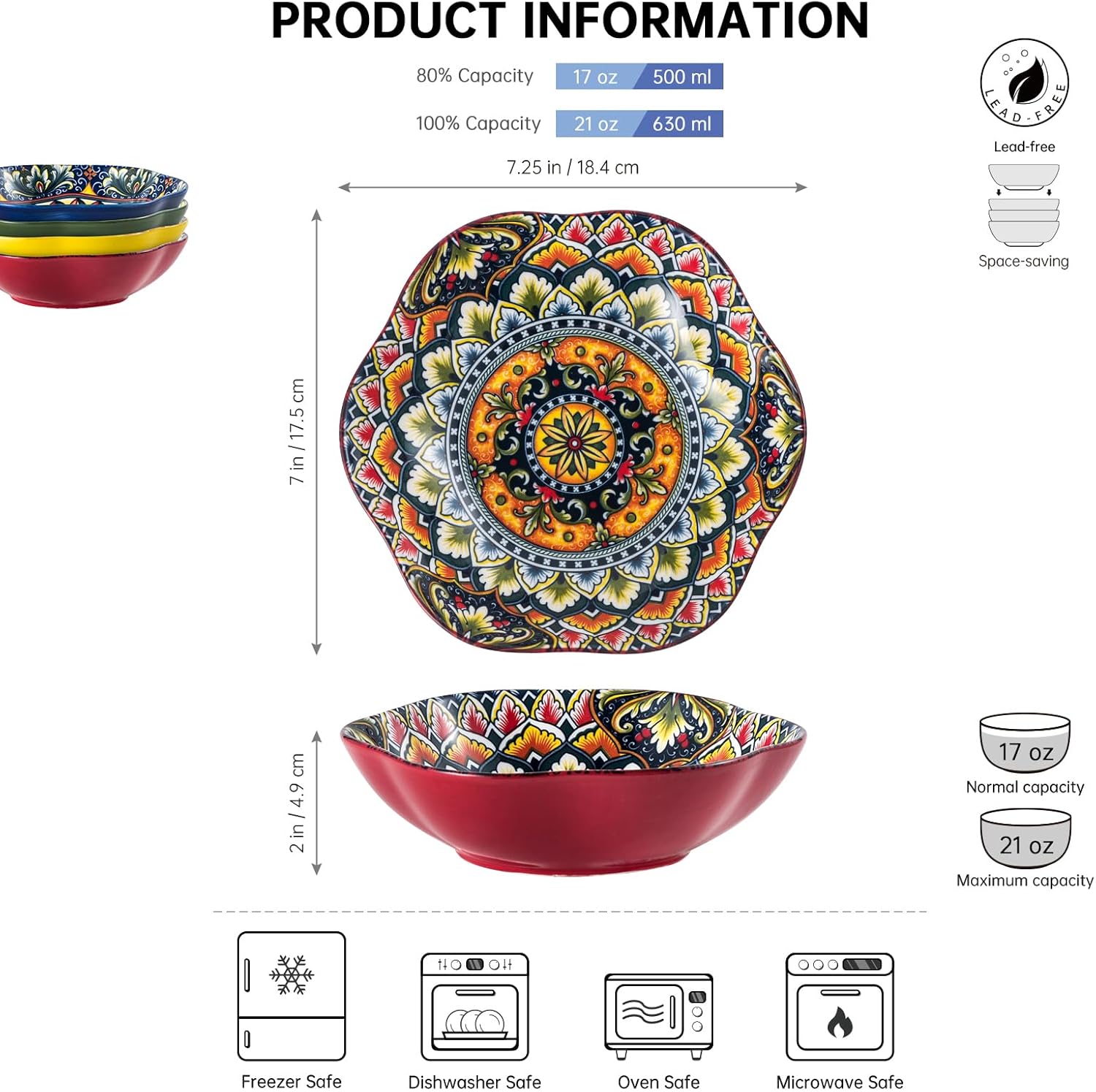 Henten Home Ceramic Salad Bowls Set of 4, Colorful 20 oz Porcelain Bowls for Snack, Ice Cream, Serving Dishes, Bohemian Lotus Shape, Dishwasher & Microwave Safe