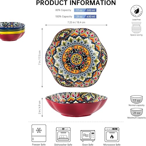 Miniatura 2 de Henten Home Juego de 4 cuencos de cerámica de loto, cuencos de porcelana estilo bohemio de 20 onzas para ensalada, aperitivos, helado, cuenco para