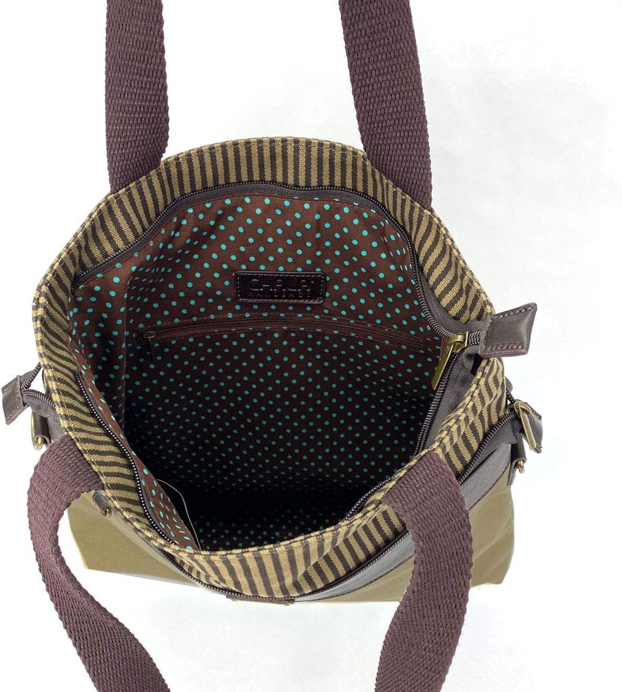 CHALA Denim Canvas Convertible Stripe Work Tote (Olive_ Dragonfly Keyfob)