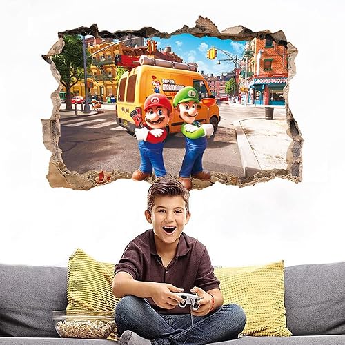 Miniatura 2 de Calcomanías de pared rota 3D de dibujos animados de Mario Bros para niños, decoración de pared de fondo de dormitorio de dibujos animados,