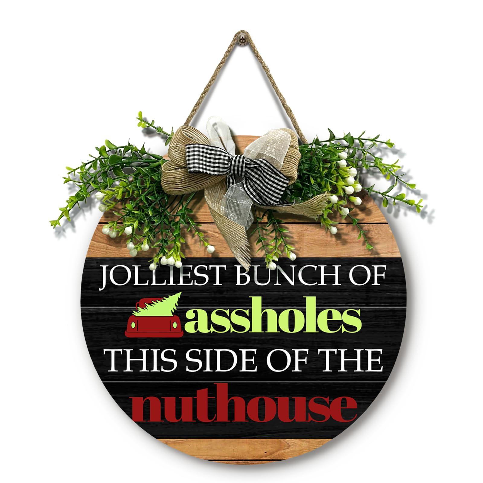 Dacawin Jolliest Bunch of s Door Sign Funny Christmas Round Wooden Sign with Bow Wreath Griswold Christmas vacation Theme Door Hanging signs for Front Door Lampoon Christmas Decor