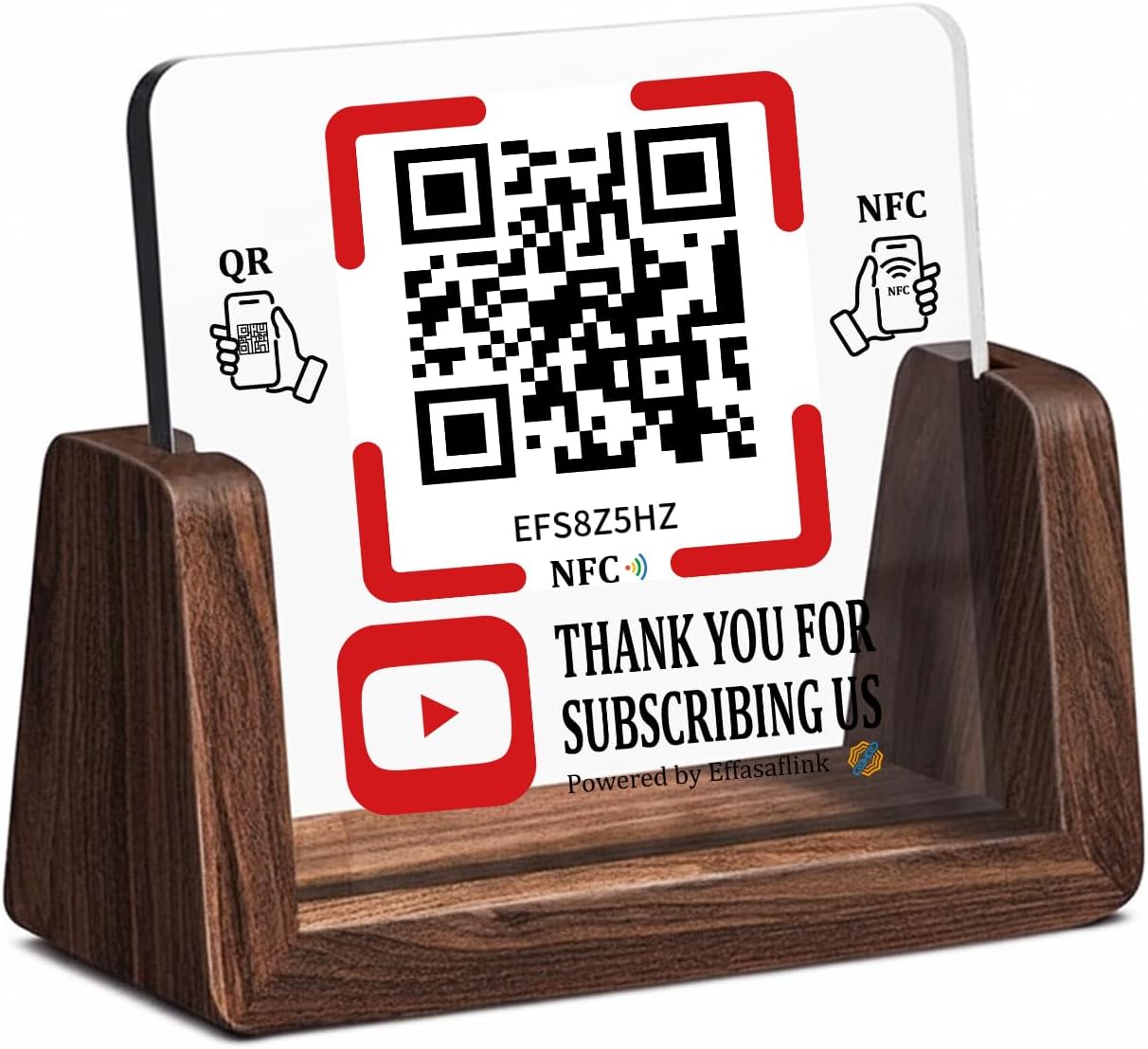 Wooden Stand with Clear Acrylic QR & NFC Sign for Storefront – Easy and Fast Access to Social Media Page for Customers – Perfect for Promoting Social Media Following - Compatible with YouTube