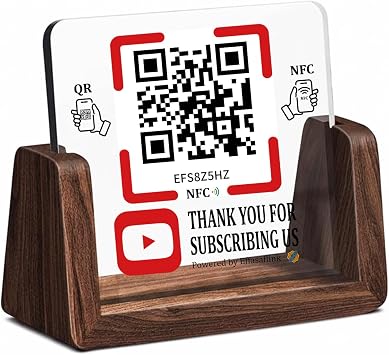 Wooden Stand with Clear Acrylic QR Code & NFC Sign for YouTube