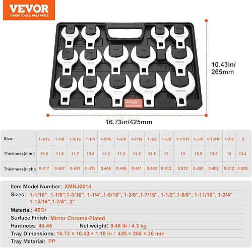 Miniatura 7 de VEVOR Crowfoot - Juego de llaves Crowfoot, 14 piezas SAE (1-116 - 2 pulgadas) con bandeja de almacenamiento, material 40CR con tamaño grabado láser,