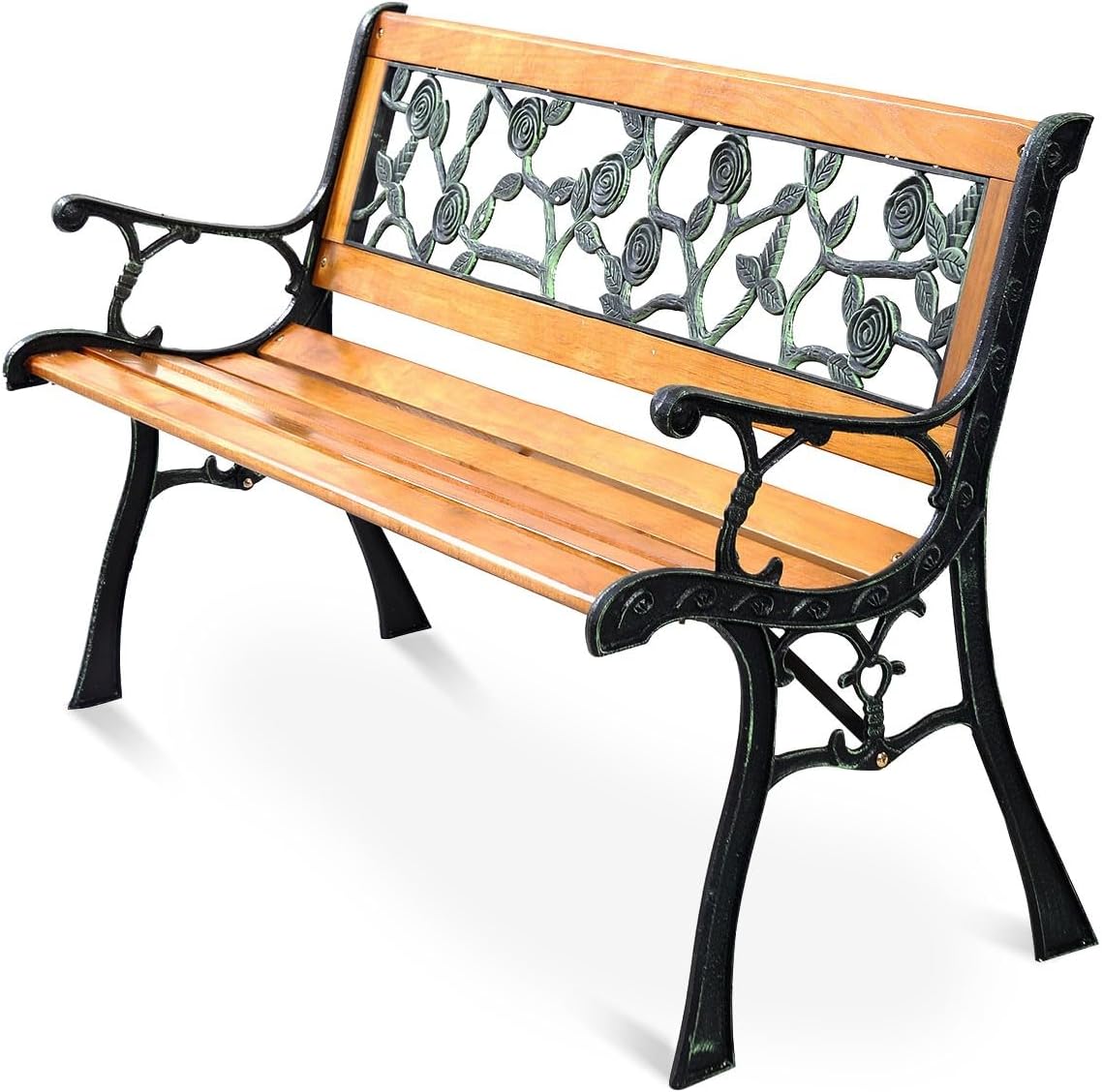Patio Park Garden Bench 49 1/2" Porch Path Chair Cast Iron Hardwood Rose Pattern