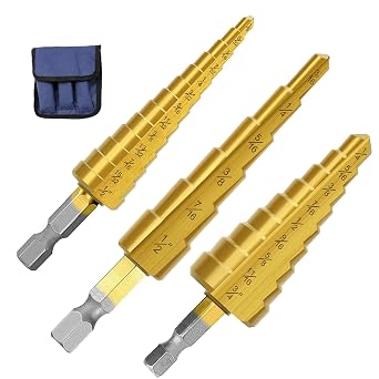 3pcs Step Drill Bit Set, Titanium Coated Hss Step Drill Bit Set High Speed Steel Step Bits Set Cone Metal Drill Bits for Plastic, Wood, Stainless Steel Sheet Metal