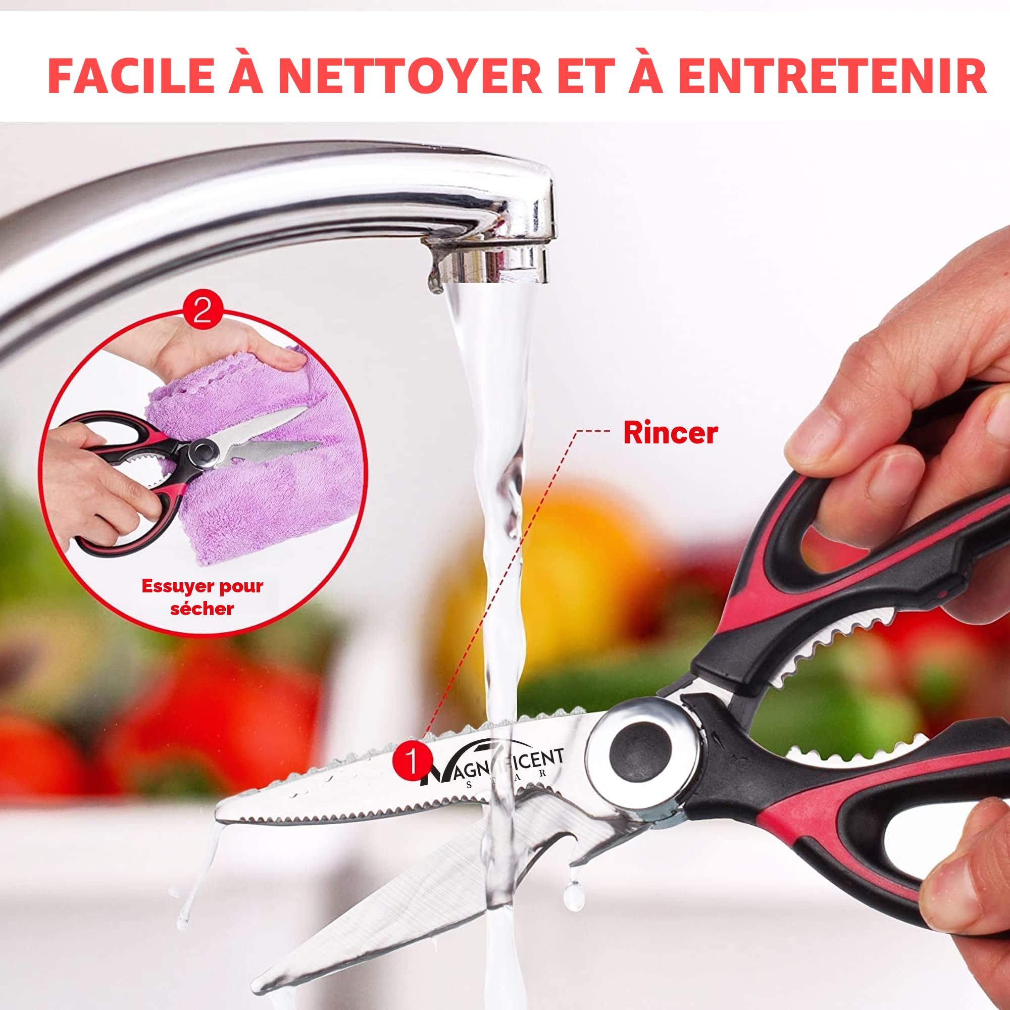 Ciseaux de cuisine en acier inoxydable avec couvercle et poignées confortables