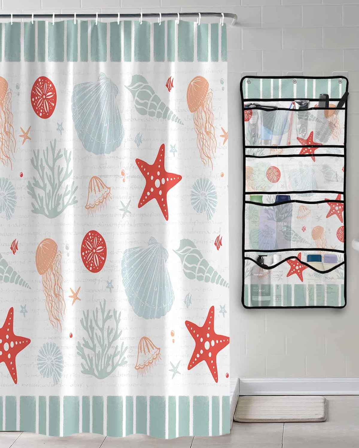 Decorative Shower Curtain Sets Ocean Green Polyester Fabric Waterproof Shower Curtains Vintage Starfish Coral Light Green Striped Mesh
