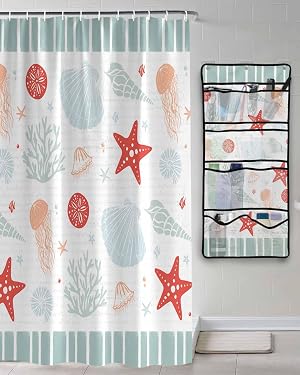 Decorative Shower Curtain Sets Ocean Green Polyester Fabric Waterproof Shower Curtains Vintage Starfish Coral Light Green Striped Mesh