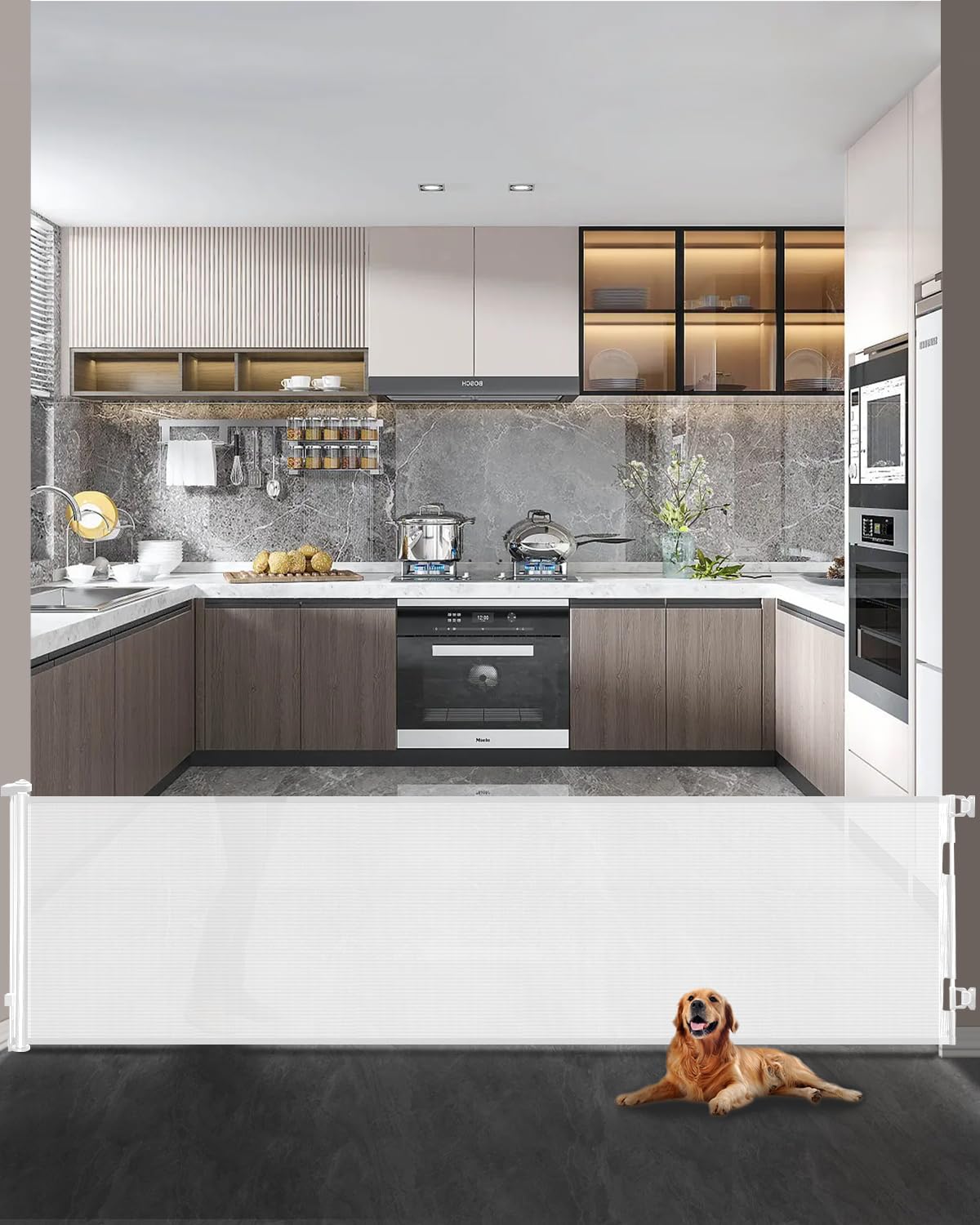 Retractable Baby Gate,Mesh Baby Extra Wide Gate,Extra Long Dog Gate,33" Tall,Large Extends up to 165" Wide,Child Safety Extra Large Gate for Doorways, Stairs, Indoor/Outdoor-White,33"x165"