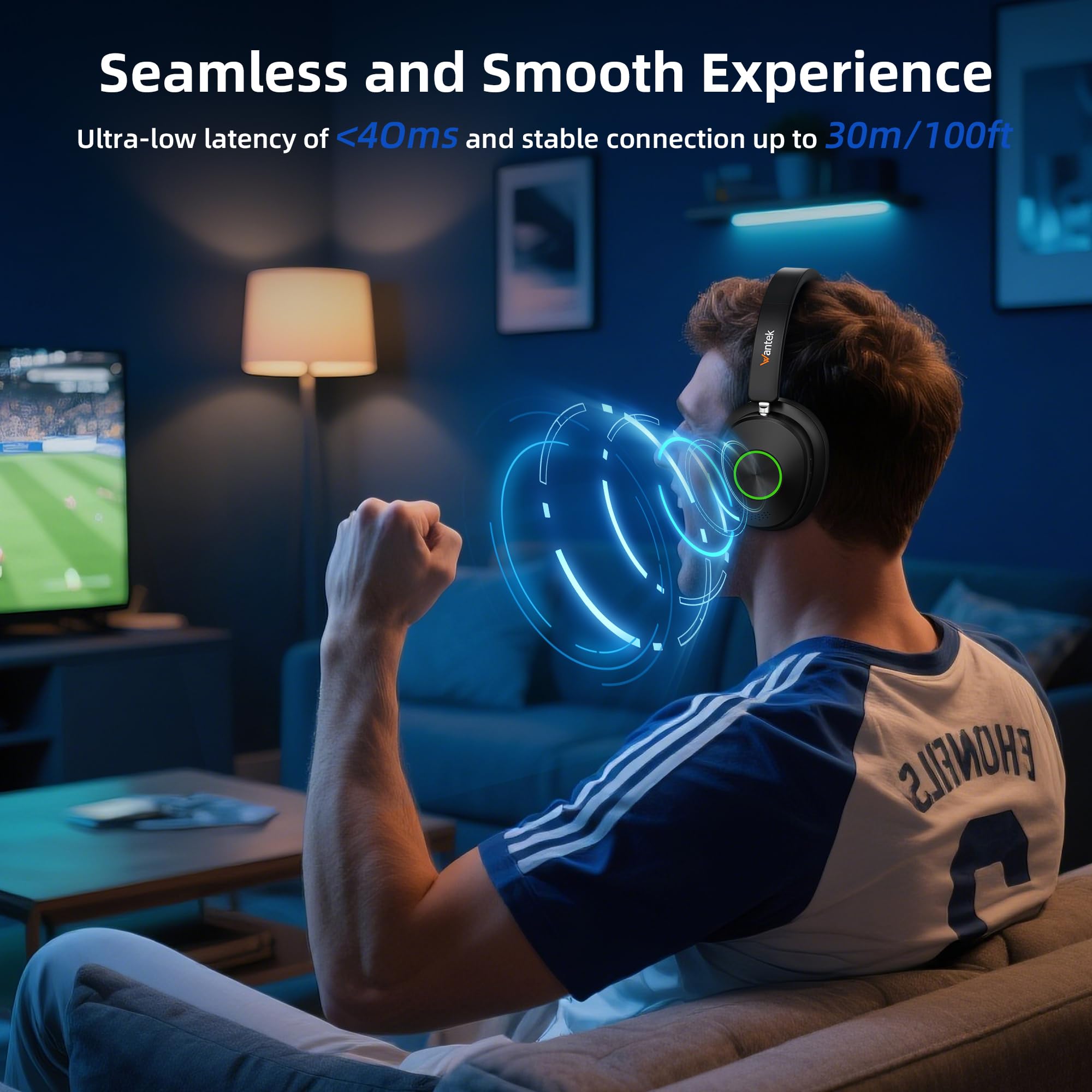 Wantek Bluetooth Auriculares TV Inalámbricos | <40ms Baja Latencia & 30m Alcance | 40h Autonomía & Carga Rápida | Compatibles con el 99% de TVs (Óptico/RCA/AUX) | Modos EQ & Micrófono